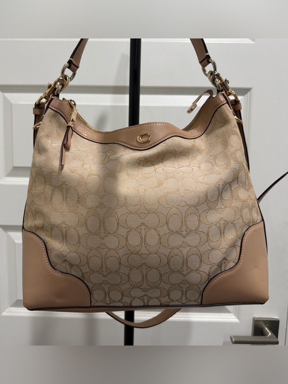 Coach Elevated Signature Ivie Hobo Bag in light khaki and tan leather trim